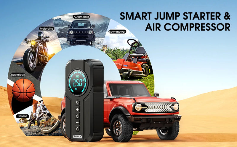 4-in-1 Air Pump with Power Bank, Lighting, Car Battery Jump Starter and Tire Inflator